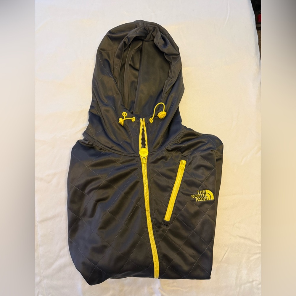 The North Face Men's Grey Zip Hoodie with Yellow Trim